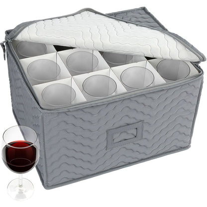 LotFancy 2Pcs Stemware Storage Containers for 24 Wine Glasses, Deluxe Quilted Storage Case, Gray