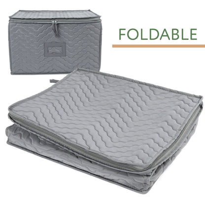 LotFancy 2Pcs Stemware Storage Containers for 24 Wine Glasses, Deluxe Quilted Storage Case, Gray