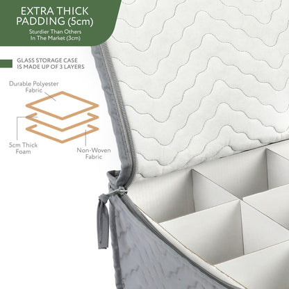 LotFancy 2Pcs Stemware Storage Containers for 24 Wine Glasses, Deluxe Quilted Storage Case, Gray