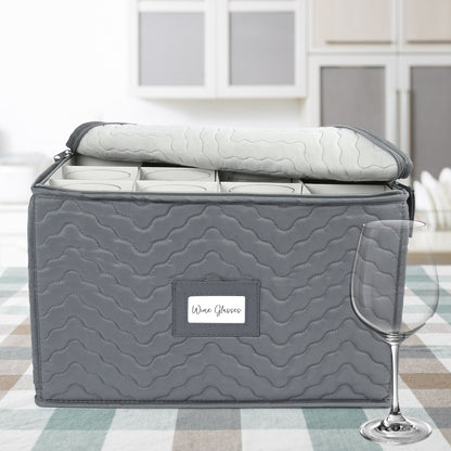LotFancy 2Pcs Stemware Storage Containers for 24 Wine Glasses, Deluxe Quilted Storage Case, Gray
