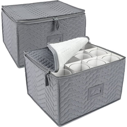 LotFancy 2Pcs Stemware Storage Containers for 24 Wine Glasses, Deluxe Quilted Storage Case, Gray
