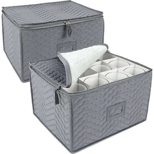 LotFancy 2Pcs Stemware Storage Containers for 24 Wine Glasses, Deluxe Quilted Storage Case, Gray