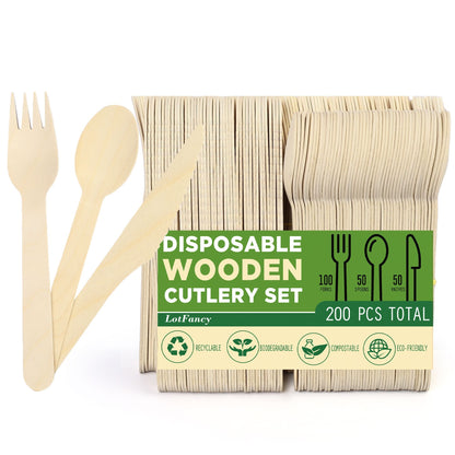 LotFancy 200 Pc Compostable utensils, Wooden Disposable Cutlery Set,100 Forks, 50 Spoons, 50 Knives