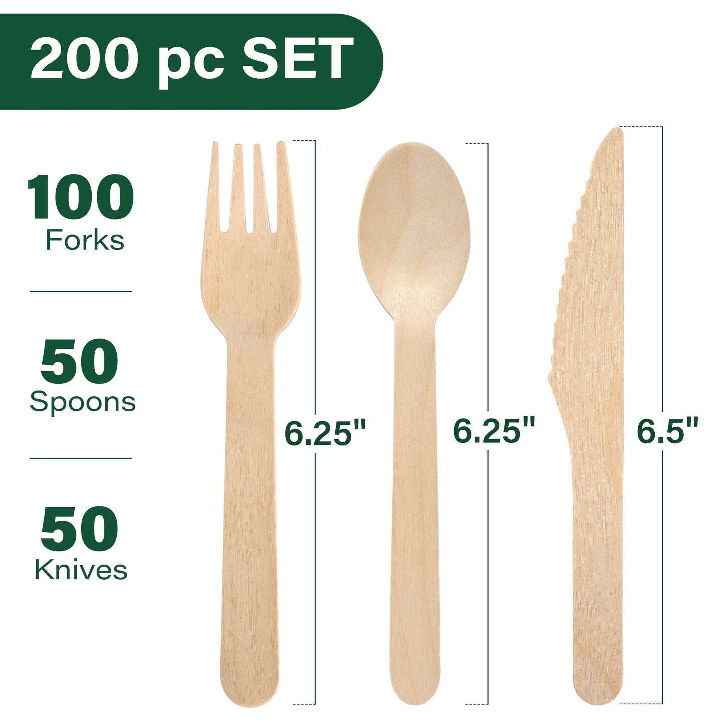 LotFancy 200 Pc Compostable utensils, Wooden Disposable Cutlery Set,100 Forks, 50 Spoons, 50 Knives