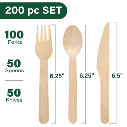 LotFancy 200 Pc Compostable utensils, Wooden Disposable Cutlery Set,100 Forks, 50 Spoons, 50 Knives
