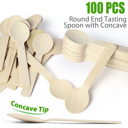LotFancy 100 Mini Disposable Wooden Spoons, 4 in Compostable Small Tasting Sampling Spoons