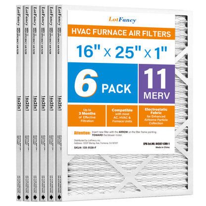 LotFancy 16x25x1 Air Filters, MERV 11 Pleated HVAC AC Furnace Air Filters, 6 Pack