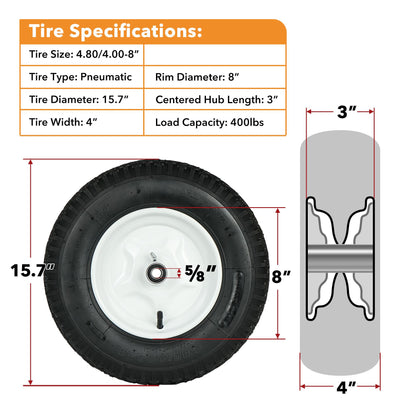 LotFancy 4.80/4.00-8” Tire and Wheel, 2 Pack 16” Pneumatic Wheelbarrow Tire, 5/8” Bearings, 3-7” Centered Hub