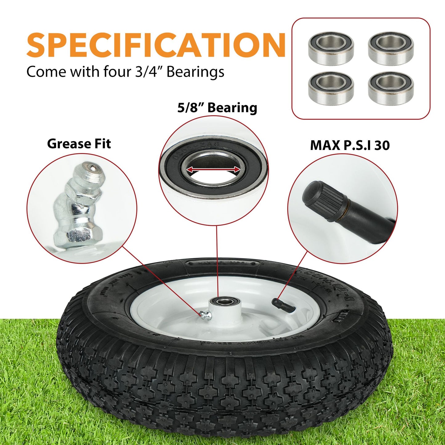 LotFancy 4.80/4.00-8” Tire and Wheel, 2 Pack 16” Pneumatic Wheelbarrow Tire, 5/8” Bearings, 3-7” Centered Hub