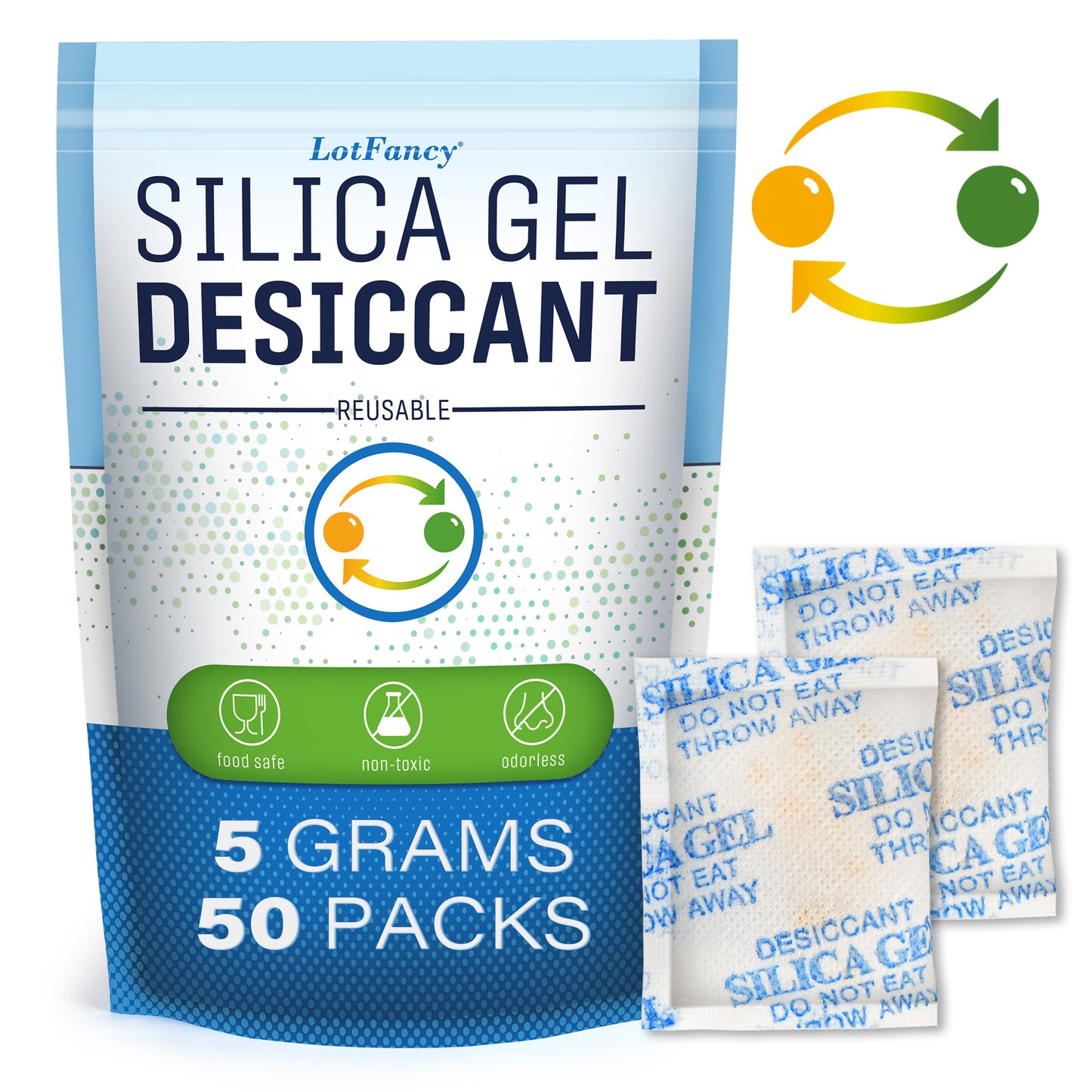 LotFancyIndicating Silica Gel Packets, 5 Gram 60 Packs, Moisture Absorber Dehumidifier, Rechargeable