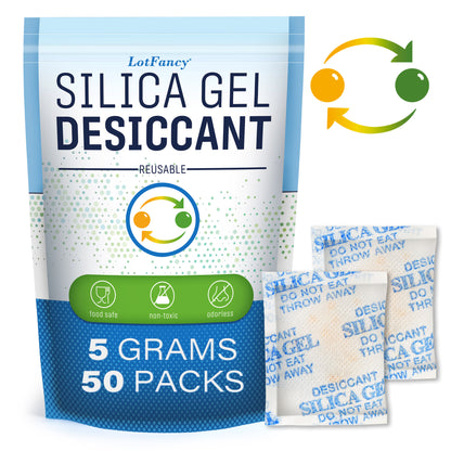 LotFancyIndicating Silica Gel Packets, 5 Gram 60 Packs, Moisture Absorber Dehumidifier, Rechargeable