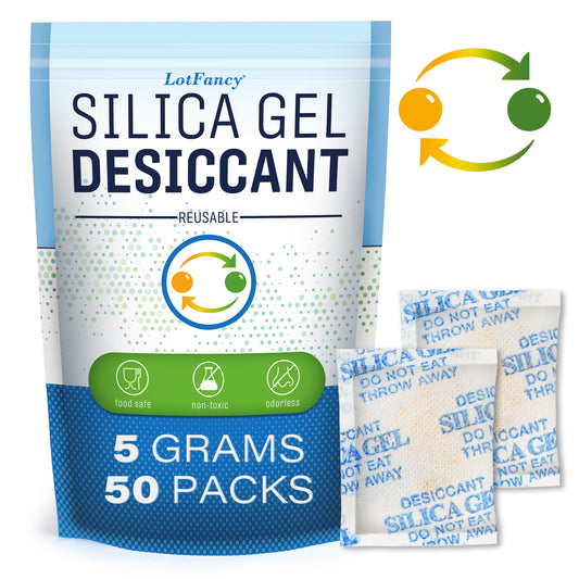 LotFancyIndicating Silica Gel Packets, 5 Gram 60 Packs, Moisture Absorber Dehumidifier, Rechargeable