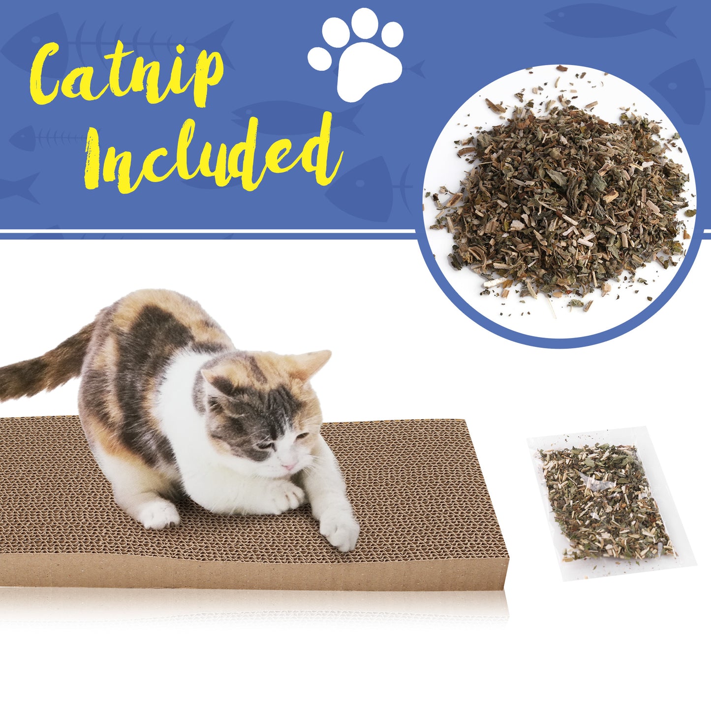 Prime Pets 3 in 1 Cat Scratcher Cardboard, Reversible Corrugated Cat Scratching Pad, Recycle Wave Curved Scratcher Board, Repalcement for Furniture Protector, Catnip Included