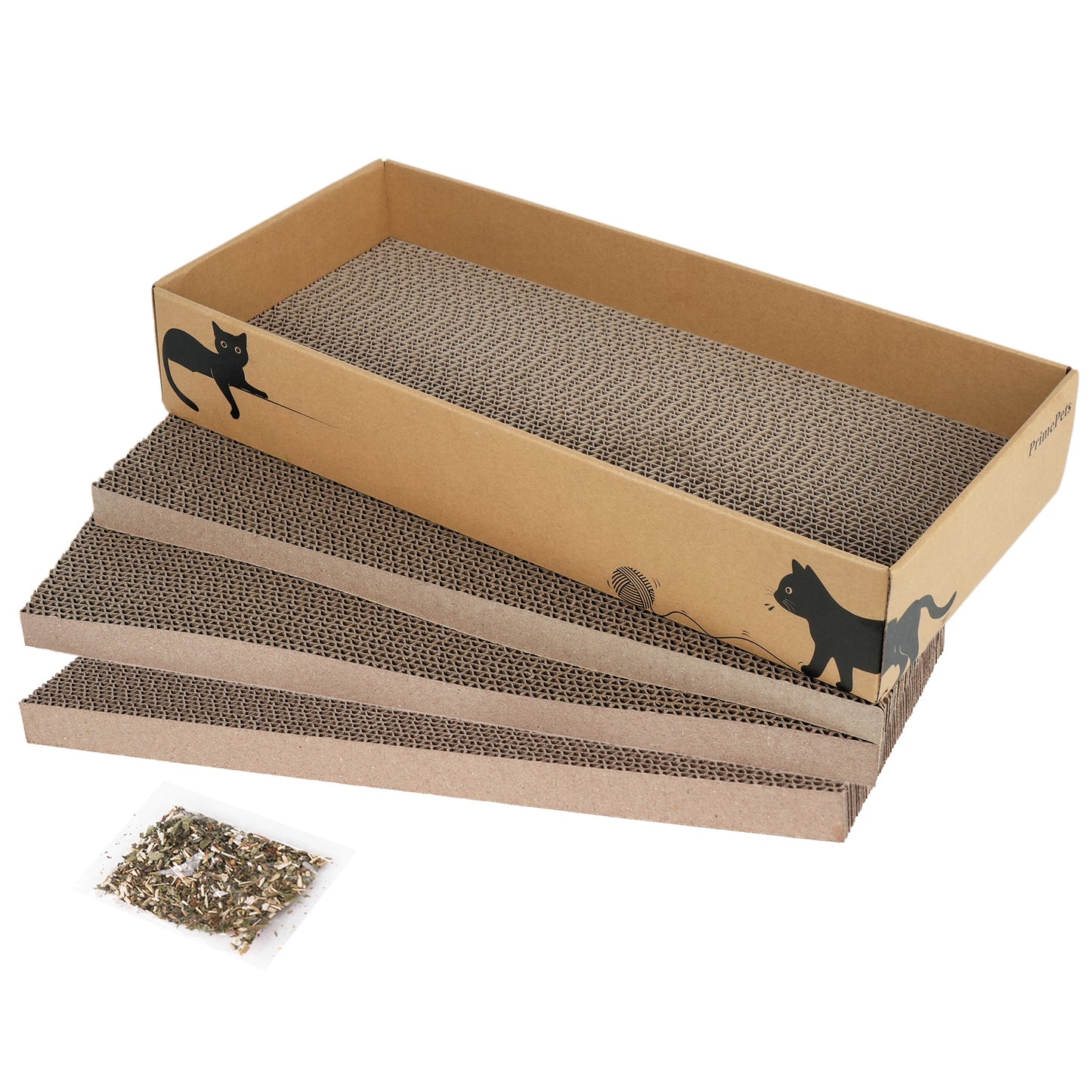 Prime Pets 3 in 1 Cat Scratcher Cardboard, Reversible Corrugated Cat Scratching Pad, Recycle Wave Curved Scratcher Board, Repalcement for Furniture Protector, Catnip Included