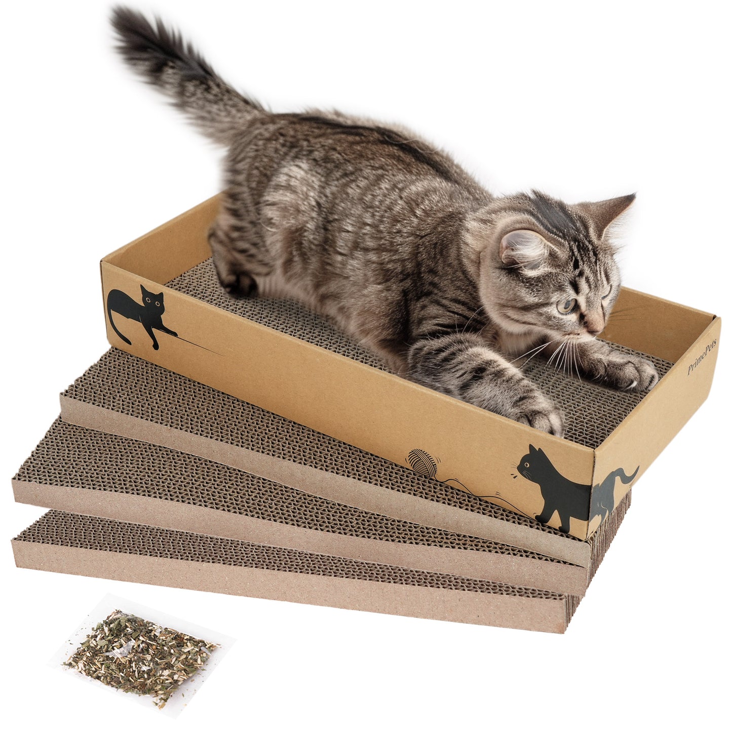 Prime Pets 3 in 1 Cat Scratcher Cardboard, Reversible Corrugated Cat Scratching Pad, Recycle Wave Curved Scratcher Board, Repalcement for Furniture Protector, Catnip Included