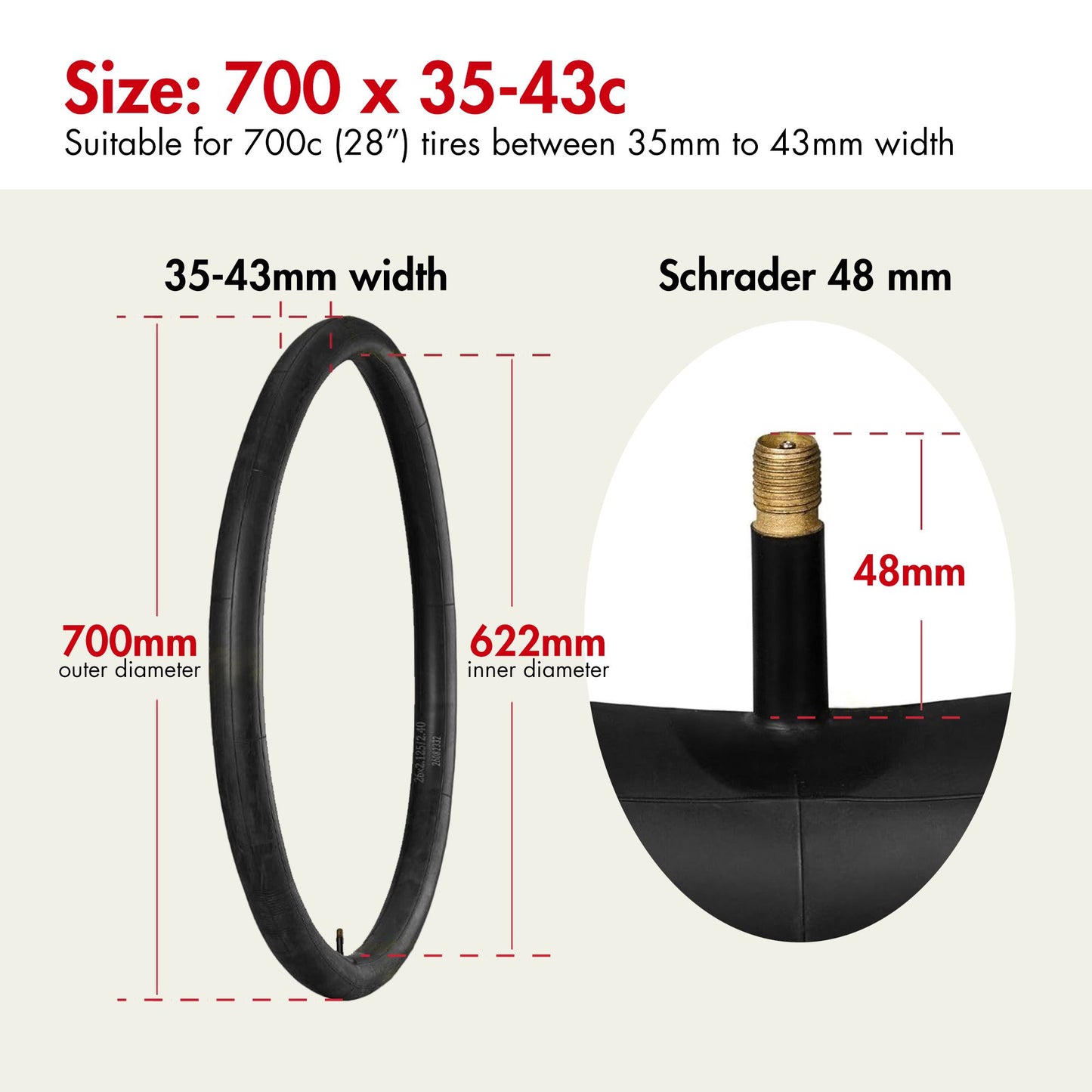 LotFancy 2Pcs 28 in 700x35/37/38/40/42/43c Bike Inner Tubes, 48mm Schrader Valve