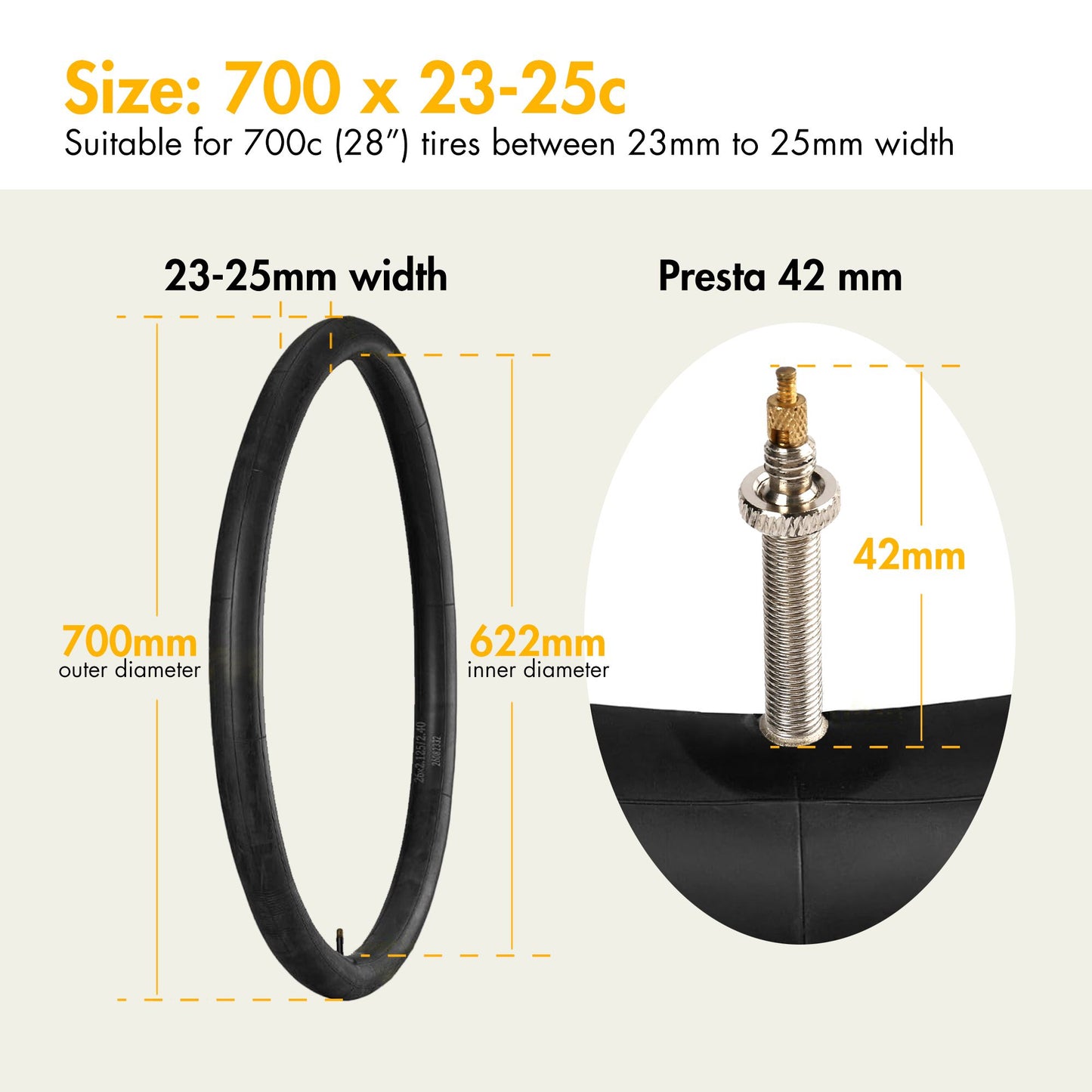 LotFancy 2Pcs 28 in 700x23C 700x24C 700x25C Bike Inner Tubes for Mountain Bike, 42mm Presta Valve