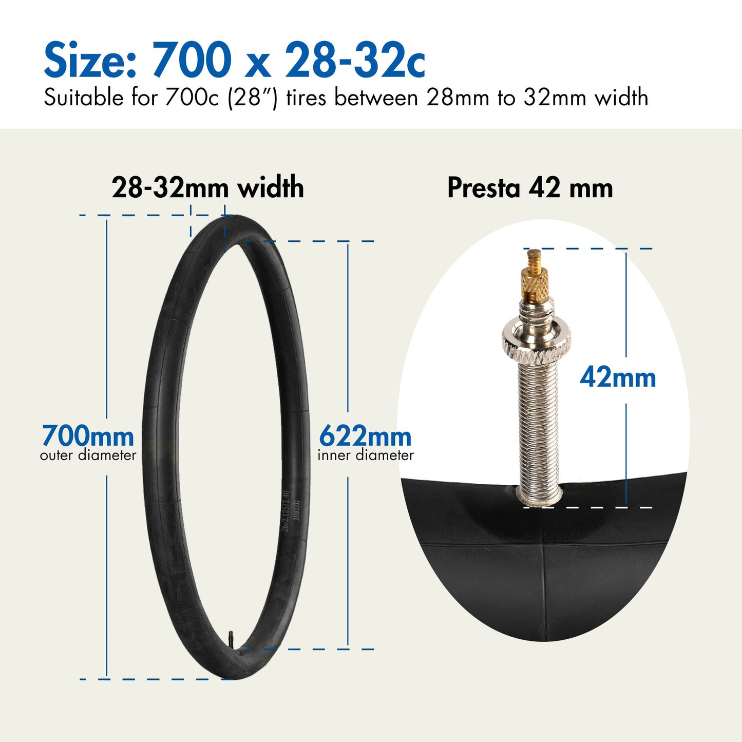 LotFancy 2Pcs 700x 28C/30C/32C Mountain Bike Tubes with 2 Tire Levers, 42mm Presta Valve