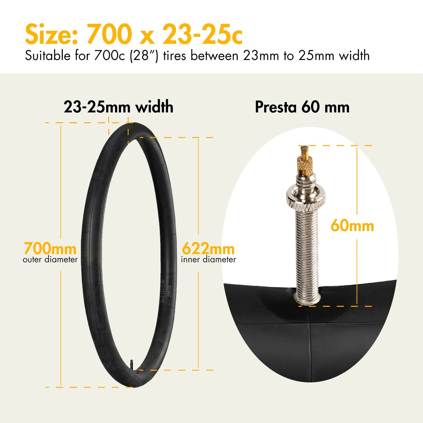 LotFancy Bicycle Tire Tubes 700c 23/25mm with Tire Levers, (2 Pack)