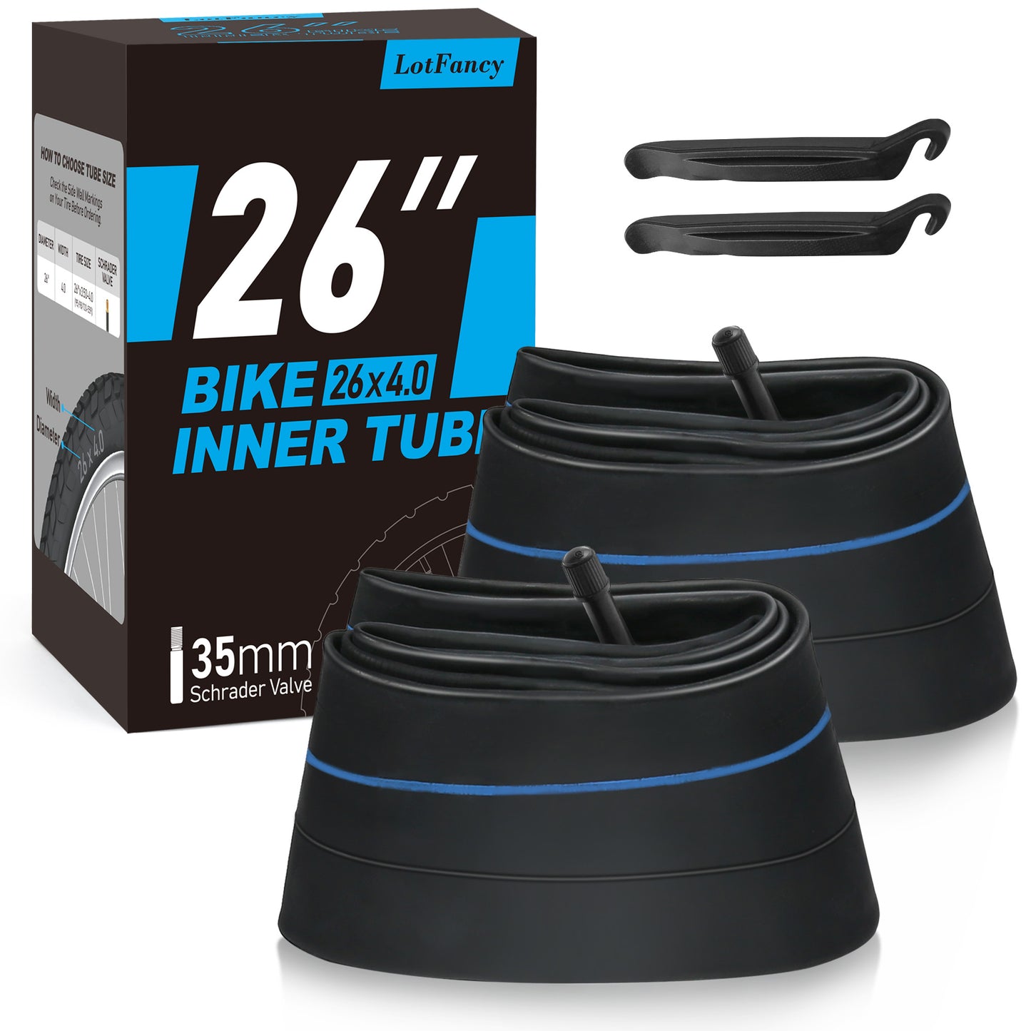 LotFancy 2Pcs 26 x 4.0/3.50/3.80 Fat Bike Tubes, 35mm Schrader Valve, 2 Tire Levers