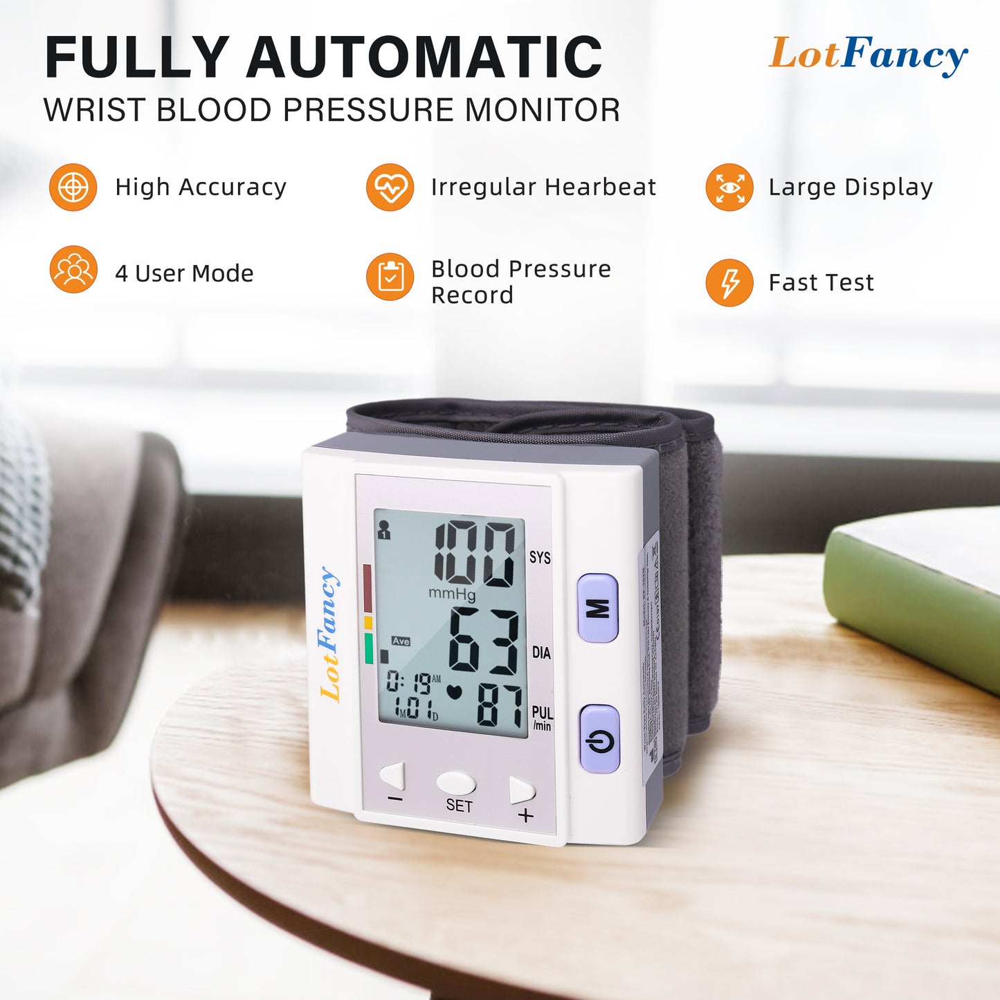 LotFancy Wrist Blood Pressure Monitor for Home Use, BP Cuff, Automatic Digital Blood Pressure Machine, BP Monitor, (5.3”-8.5”), 4 Users, 120 Memory, with Large Screen