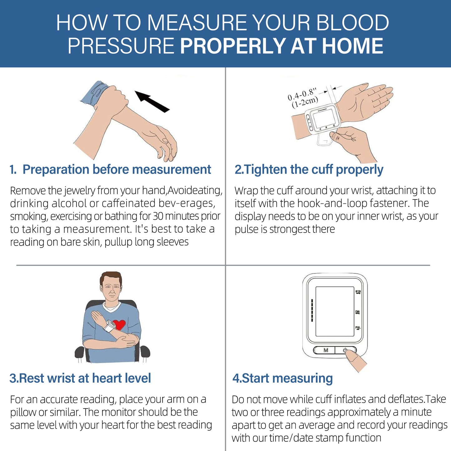 LotFancy Wrist Blood Pressure Monitor for Home Use, BP Cuff, Automatic Digital Blood Pressure Machine, BP Monitor, (5.3”-8.5”), 4 Users, 120 Memory, with Large Screen