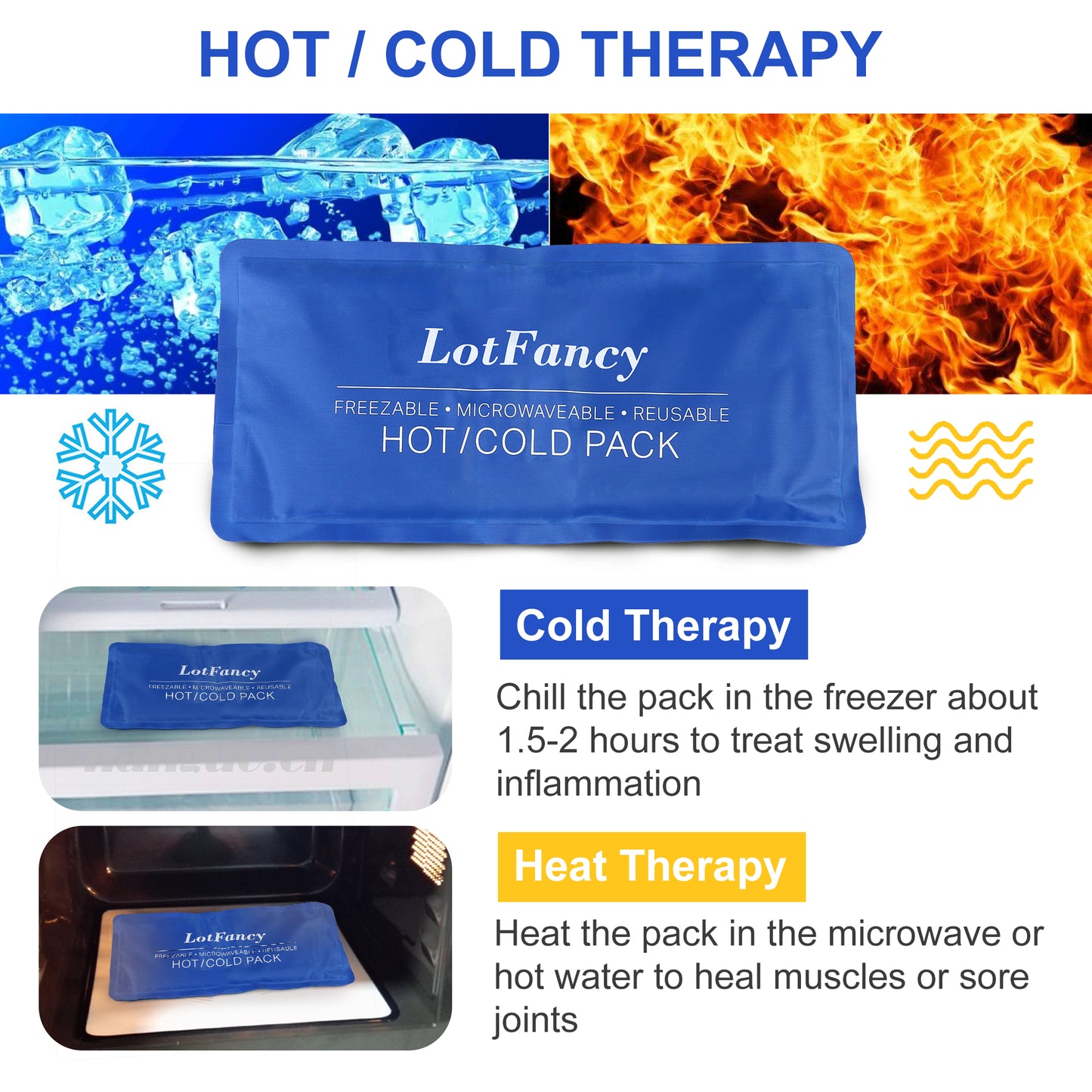 LotFancy Ice Pack for Injuries, Reusable Hot Cold Pack for Therapy, Cooling or Heating Pad for First Aid, Back Shoulder Neck Head Feet Pain Relief PMT