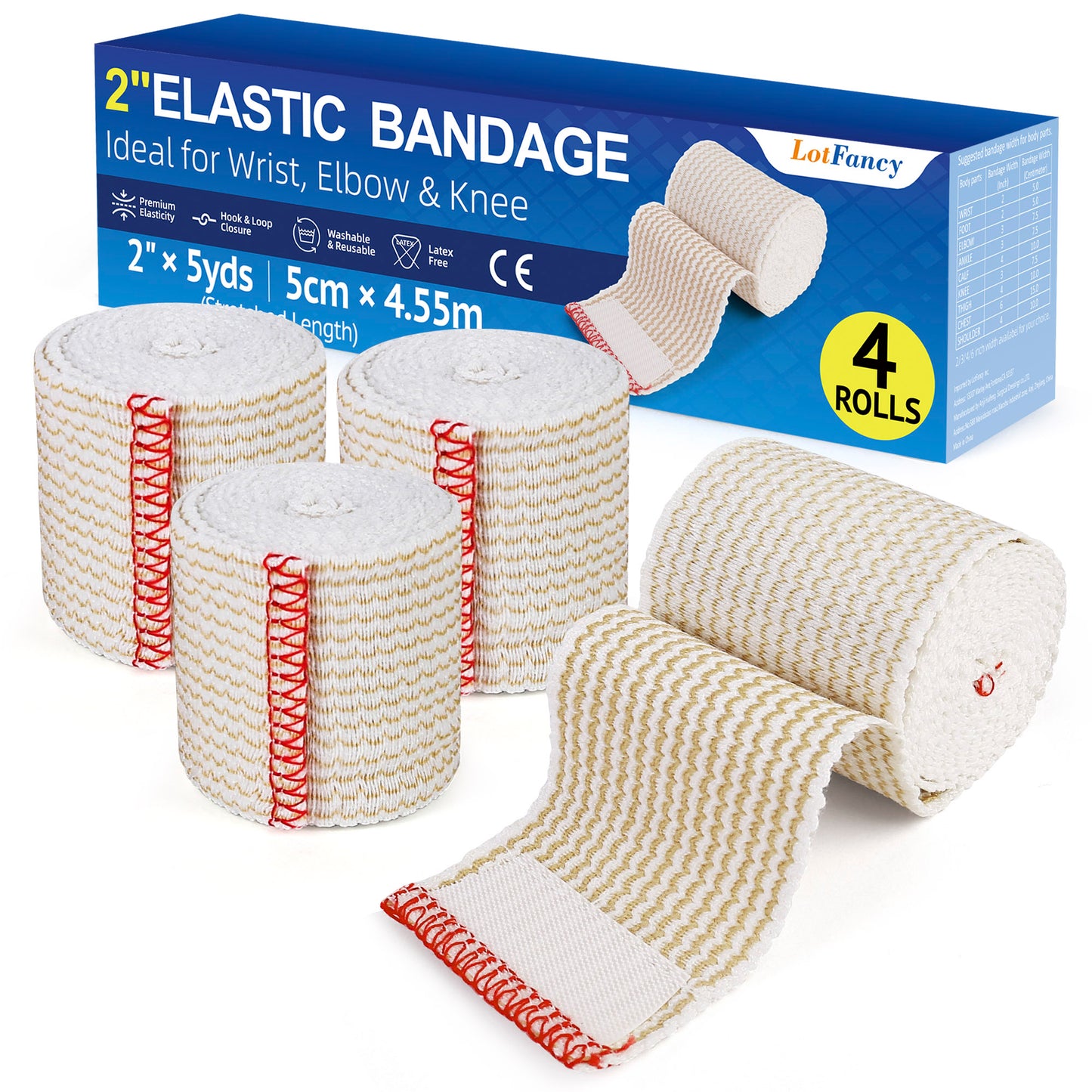 LotFancy 4 Pcs Cotton Elastic Bandage Wrap, 2 inches x 15 feet , Cotton Compression Bandages