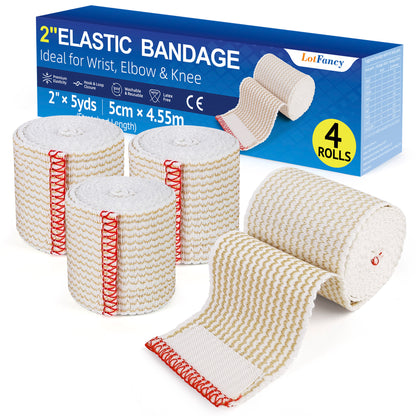 LotFancy 4 Pcs Cotton Elastic Bandage Wrap, 2 inches x 15 feet , Cotton Compression Bandages