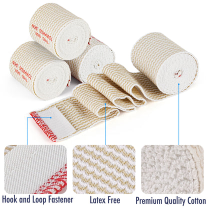 LotFancy 4 Pcs Cotton Elastic Bandage Wrap, 2 inches x 15 feet , Cotton Compression Bandages