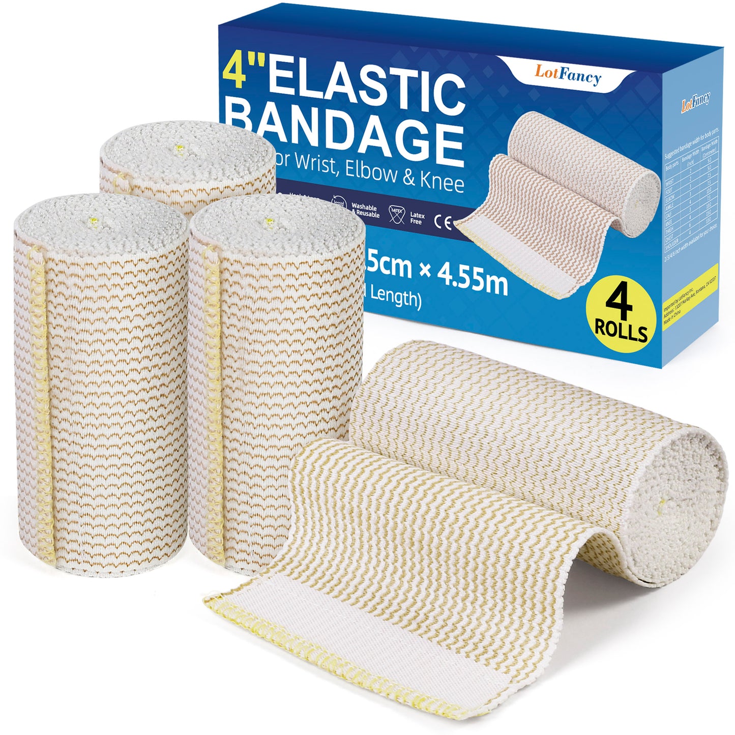 LotFancy 4 Pack Cotton Elastic Bandage Wrap 4 inches x 15 feet , Cotton Compression Bandages