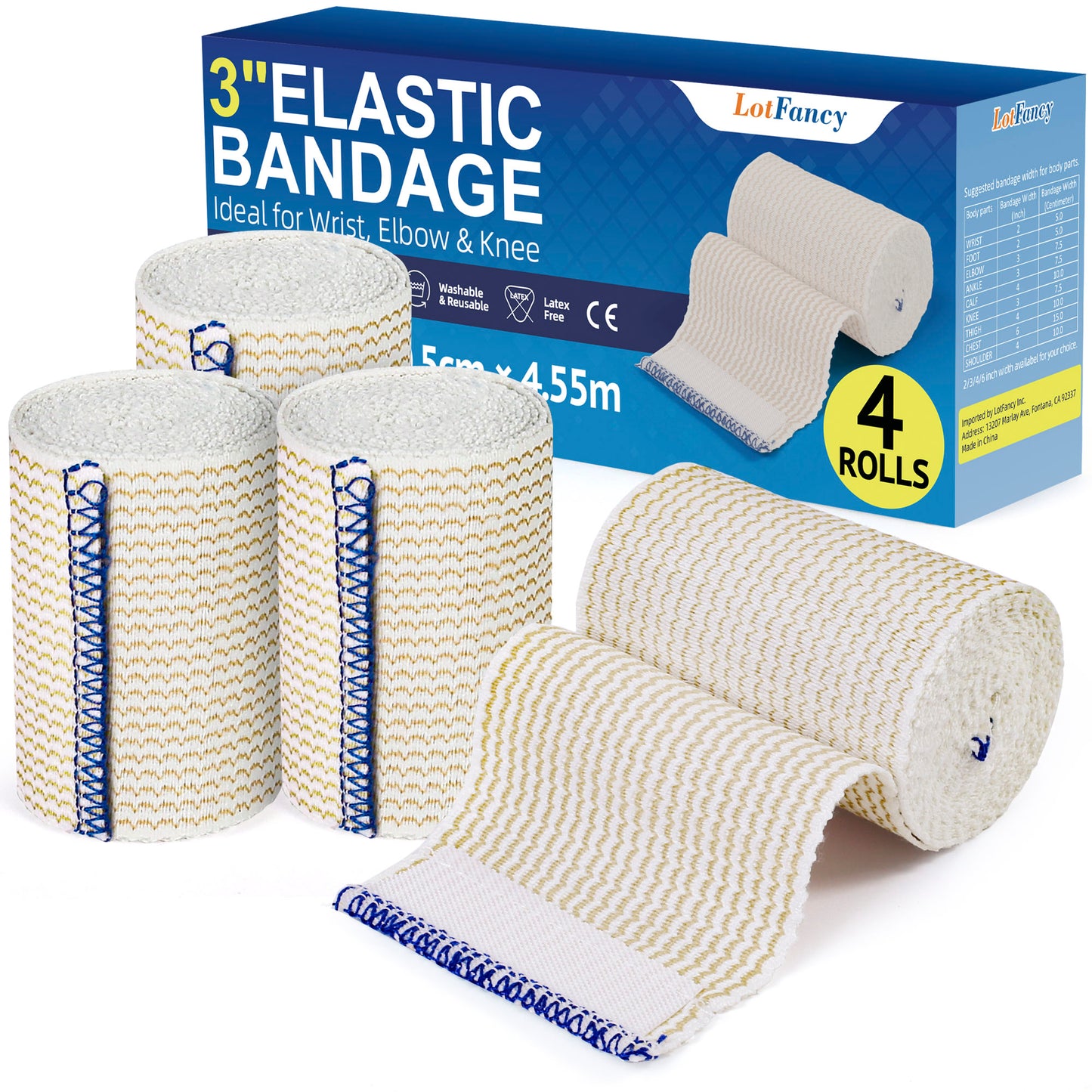 LotFancy Cotton Elastic Bandage, 2Pcs Compression Bandage Wrap with Hook-and-Loop Closure on Both Ends, Support & First Aid for Sports, Medical, and Injury Recovery