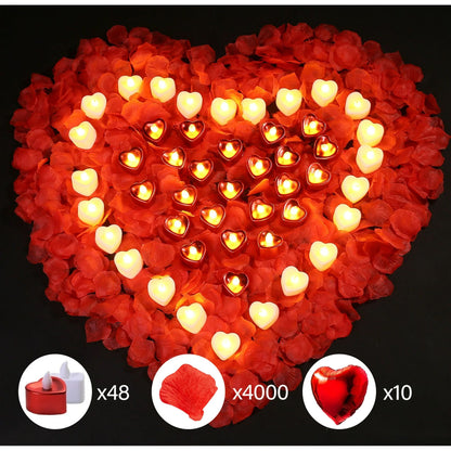 LotFancy 4000 Rose Petals with 48 White and Red Flameless Tea Lights LED Candles, 10 Foil Balloons Kit, WMT