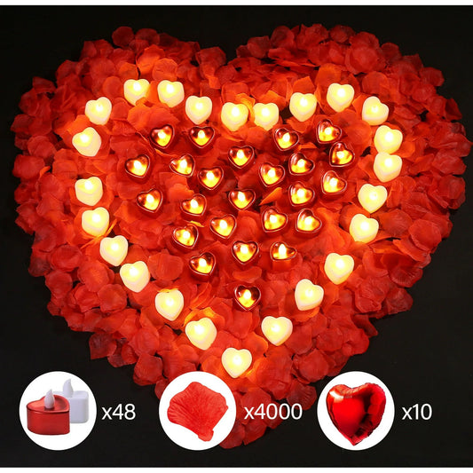 LotFancy 4000 Rose Petals with 48 White and Red Flameless Tea Lights LED Candles, 10 Foil Balloons Kit, WMT