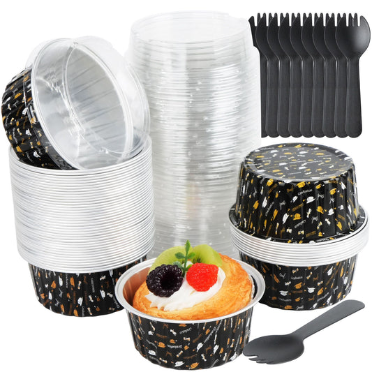 LotFancy 50 Graduation Theme Baking Cups with Lid & Spoon, 5oz Foil Cupcake Liners for Party ,Black