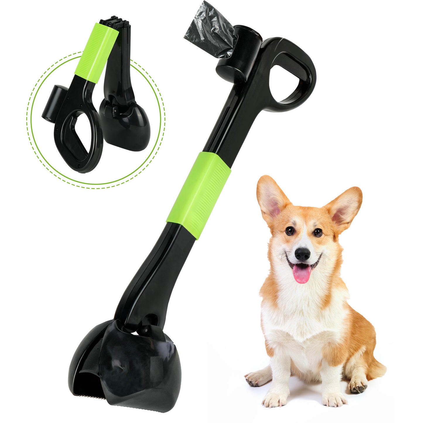 Prime Pets Pooper Scooper for Small, Medium, Large Dogs, Foldable Pet Poop Scooper with Bag Dispenser & 10 Waste Bags, Portable Dog Poop Pick Up Grabber for Yard, Grass, Gravel