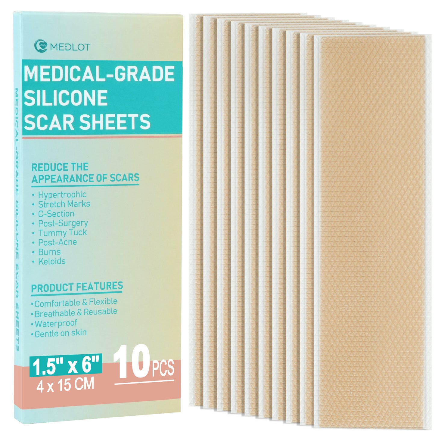 MEDLOT Silicone Scar Sheets, Silicone Tape for Scar Treatment, Reusable Scar Strips for Surgical, C-Section, Keloid Bump, Stretch Marks, Burn, Acne Scar Removal PMT