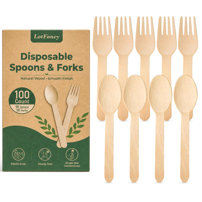 LotFancy 100 Pc Disposable Utensils, Wooden Disposable Cutlery Set,50 Forks, 50 Spoons