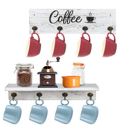 LotFancy Coffee Mug Holder, Rustic Mug Rack Wall Mounted, 4 Coffee Cup Hangers for Kitchen Organizer