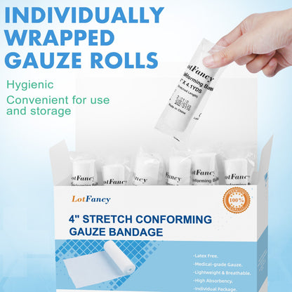 LotFancy Gauze Bandage Roll Gauze Wrap, 4" x 4 Yards Stretched, Conforming Gauze Rolls, Medical Wound Care Supplies for First Aid