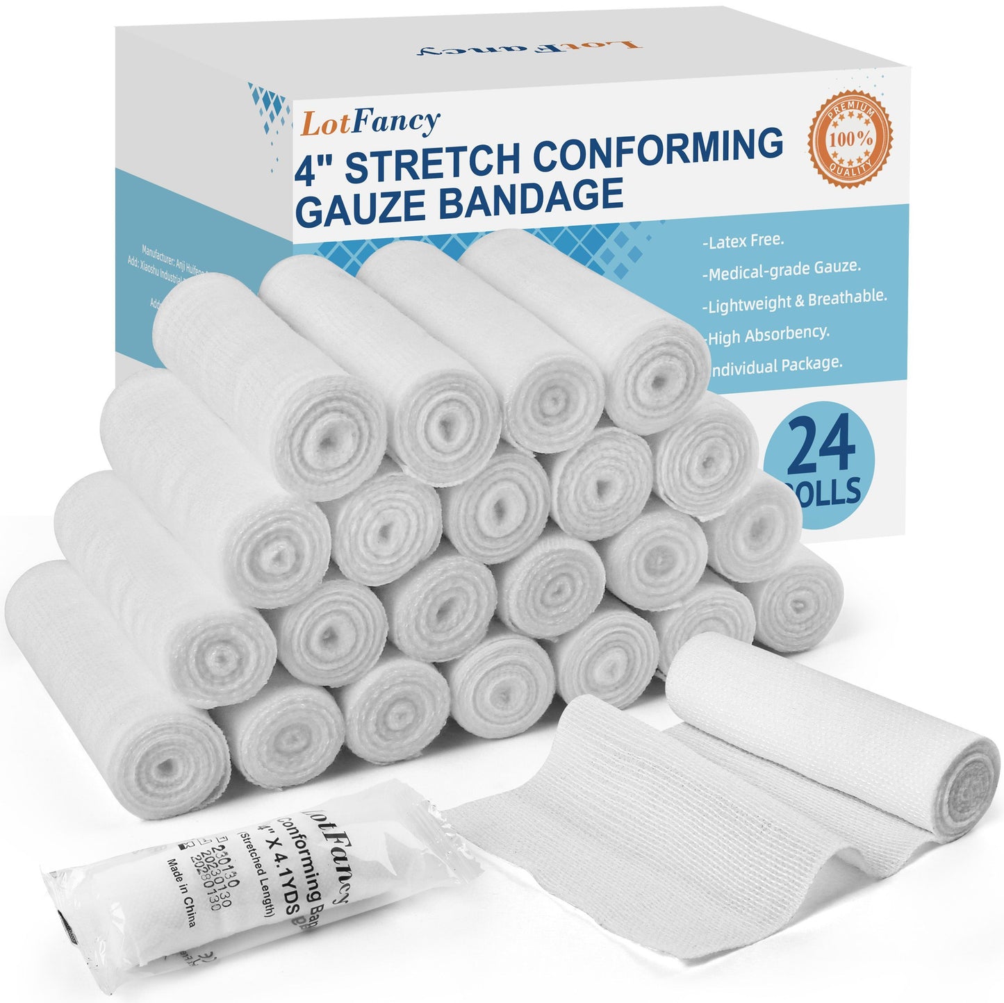 LotFancy Gauze Bandage Roll Gauze Wrap, 4" x 4 Yards Stretched, Conforming Gauze Rolls, Medical Wound Care Supplies for First Aid