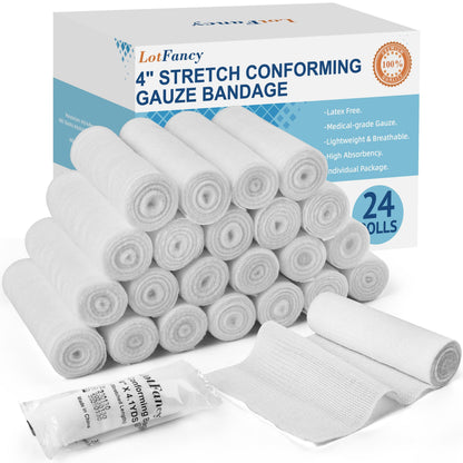 LotFancy Gauze Bandage Roll Gauze Wrap, 4" x 4 Yards Stretched, Conforming Gauze Rolls, Medical Wound Care Supplies for First Aid