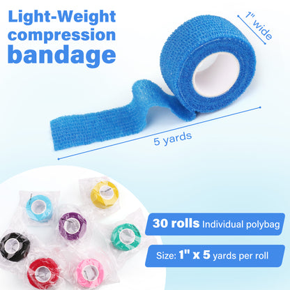 LotFancy Self Adhesive Bandage Wrap, 1"x5 Yards, 30 Pc, Elastic Sports Tape, First Aid Medical Tape