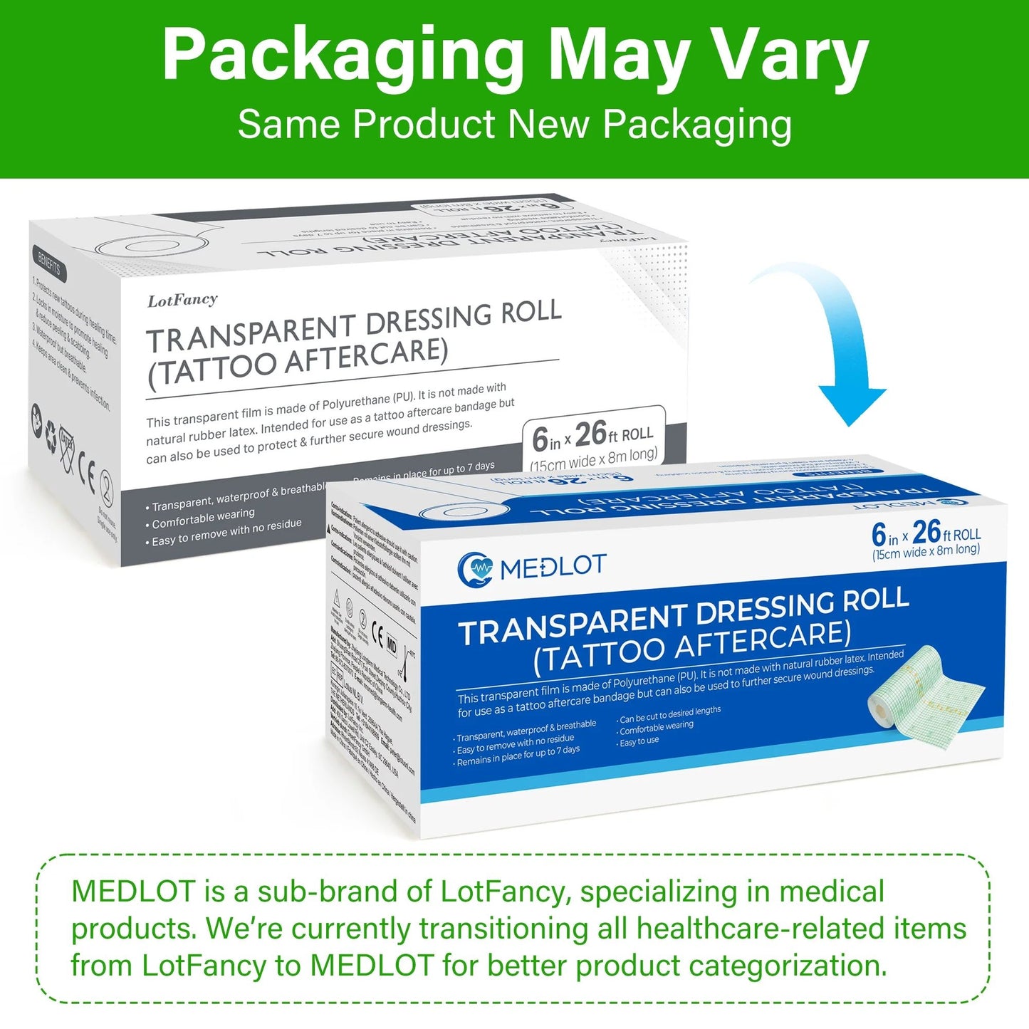 LotFancy Tattoo Aftercare Bandage, 6" x 8.8 Yards, Clear Waterproof Film Dressing for Tattoo Supplies