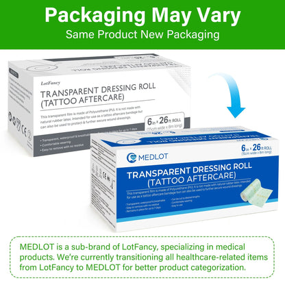 LotFancy Tattoo Aftercare Bandage, 6" x 8.8 Yards, Clear Waterproof Film Dressing for Tattoo Supplies