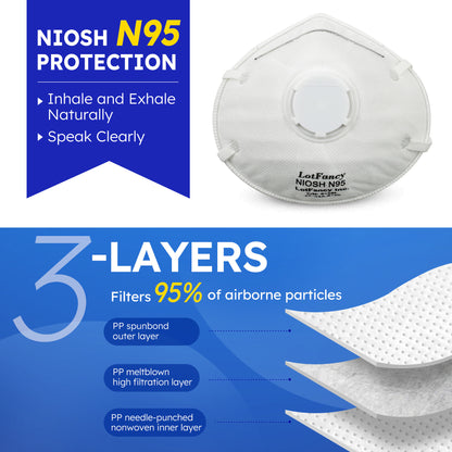 LotFancy NIOSH N95 Mask, 15PCS Particulate Respirator with Breathing Valve, Disposable Air Filter Masks Against Dust, Pollution, Particle, Face Mask for Woodworking, Construction