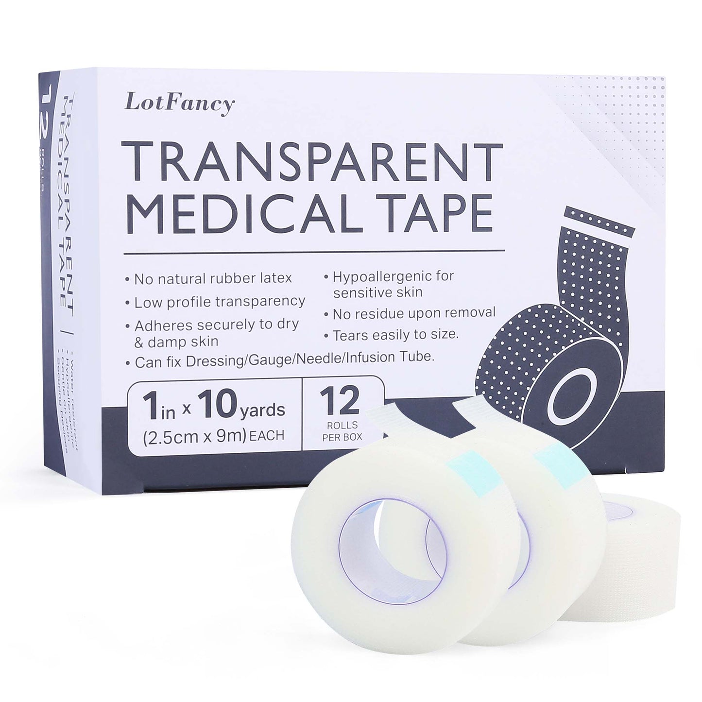 LotFancy Transparent Medical Tape, Adhesive Clear Hypoallergenic Surgical Tape, PE First Aid Tape for Wound, Bandage, Sensitive Skin, Latex Free