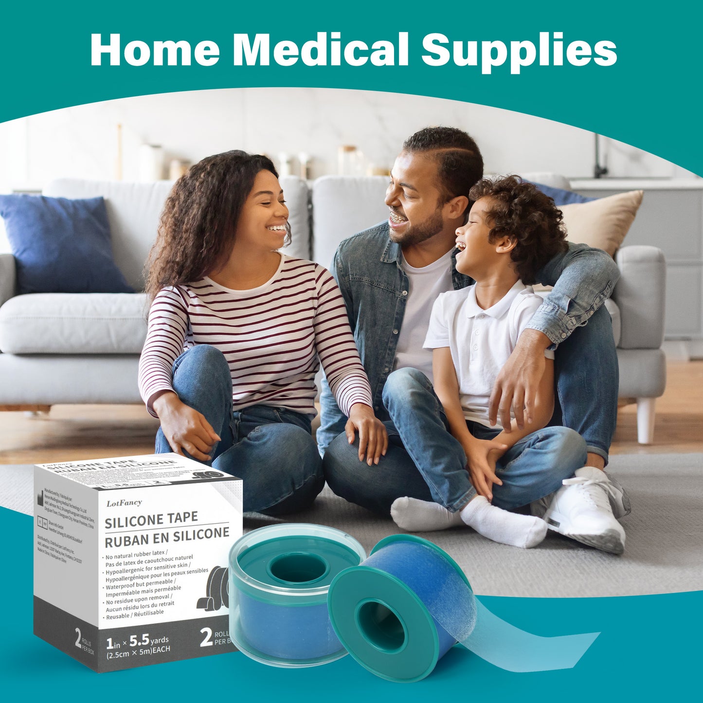 LotFancy Medical Silicone Tape, 2Rolls 1"×5.5 Yds, Waterproof Adhesive Surgical Tape for First Aid