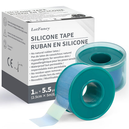 LotFancy Medical Silicone Tape, 2Rolls 1"×5.5 Yds, Waterproof Adhesive Surgical Tape for First Aid
