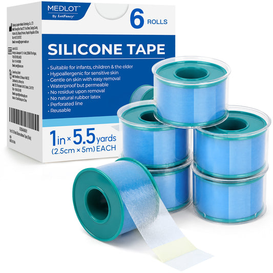 LotFancy 6 Rolls Silicone Tape, 1"×5.5 Yds, Waterproof Medical Tape for Sensitive Skin, First Aid Tape